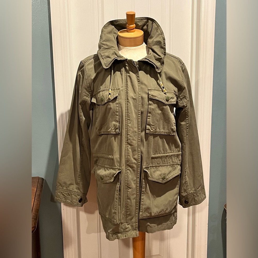 J.Crew army green hooded jacket with zipper and buttons Small great condition